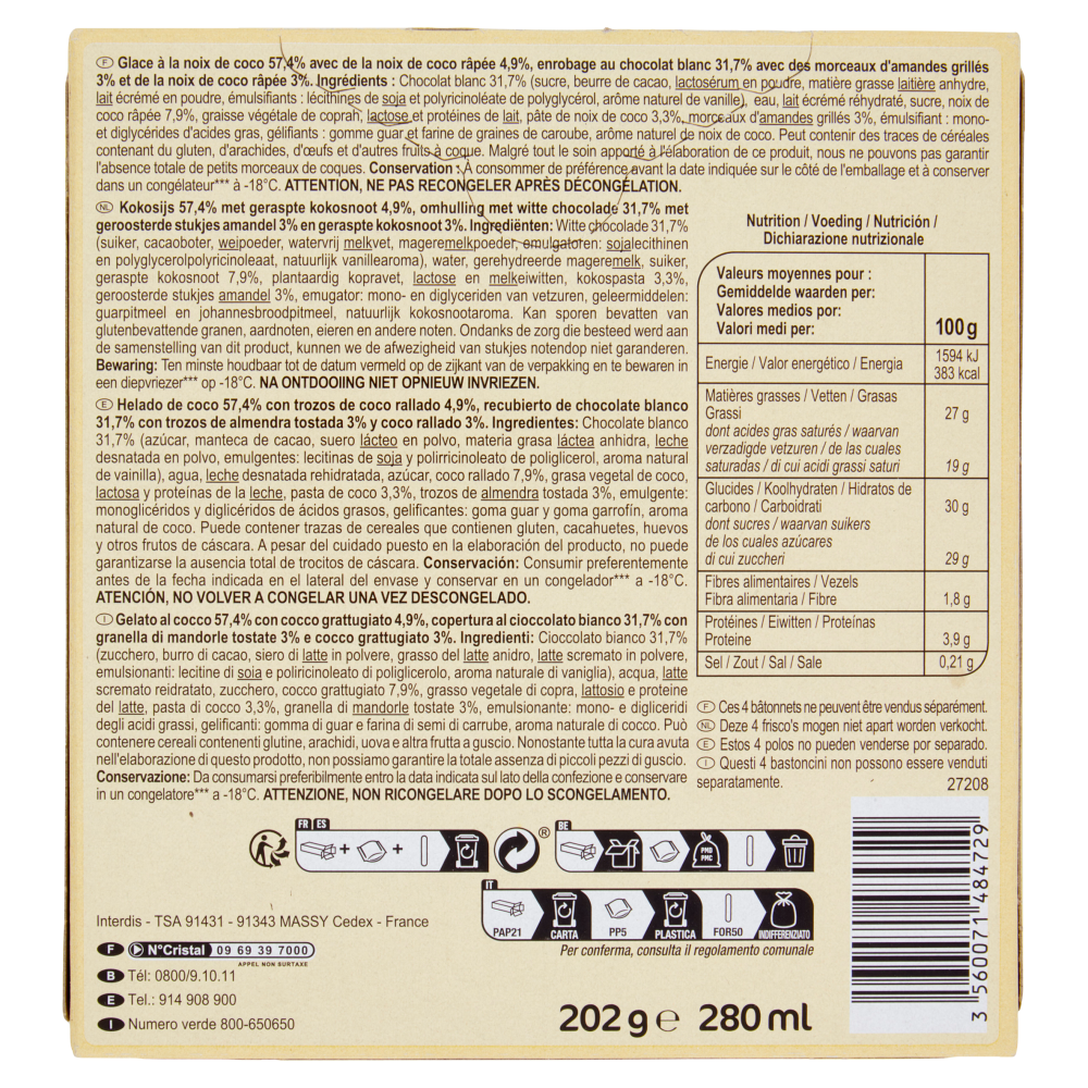 Carrefour Sensation Coco D&eacute;lice 4 Gelati 202 g