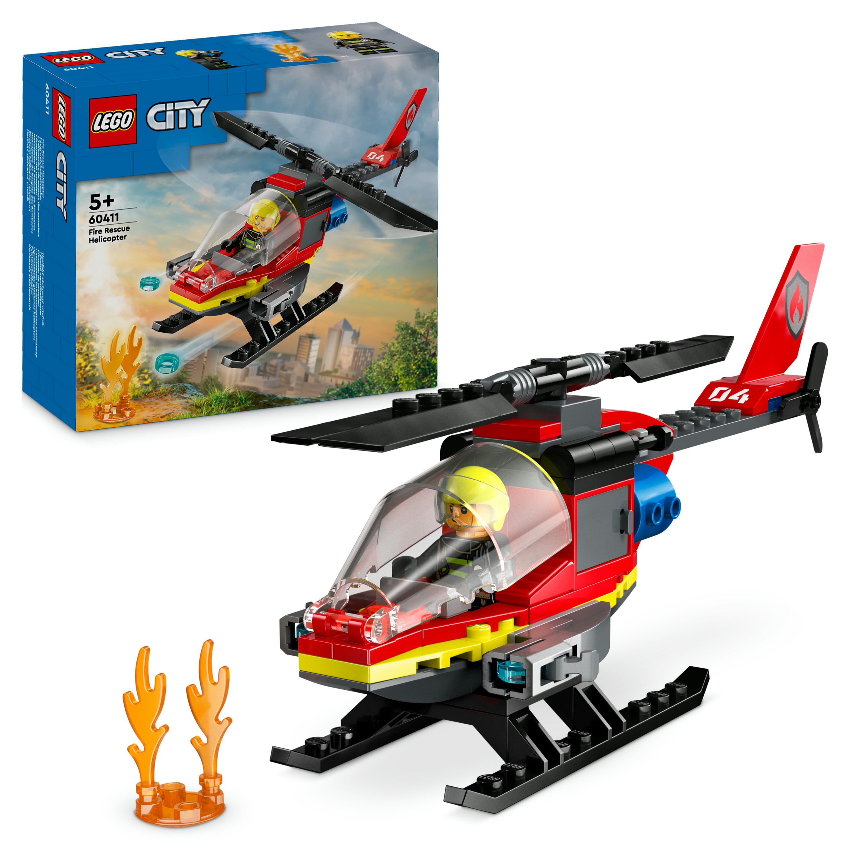 LEGO City 60411 Elicottero dei Pompieri, Veicolo Giocattolo con 2 Elementi Lancia-Acqua e Minifigure, Giochi per Bambini 5+