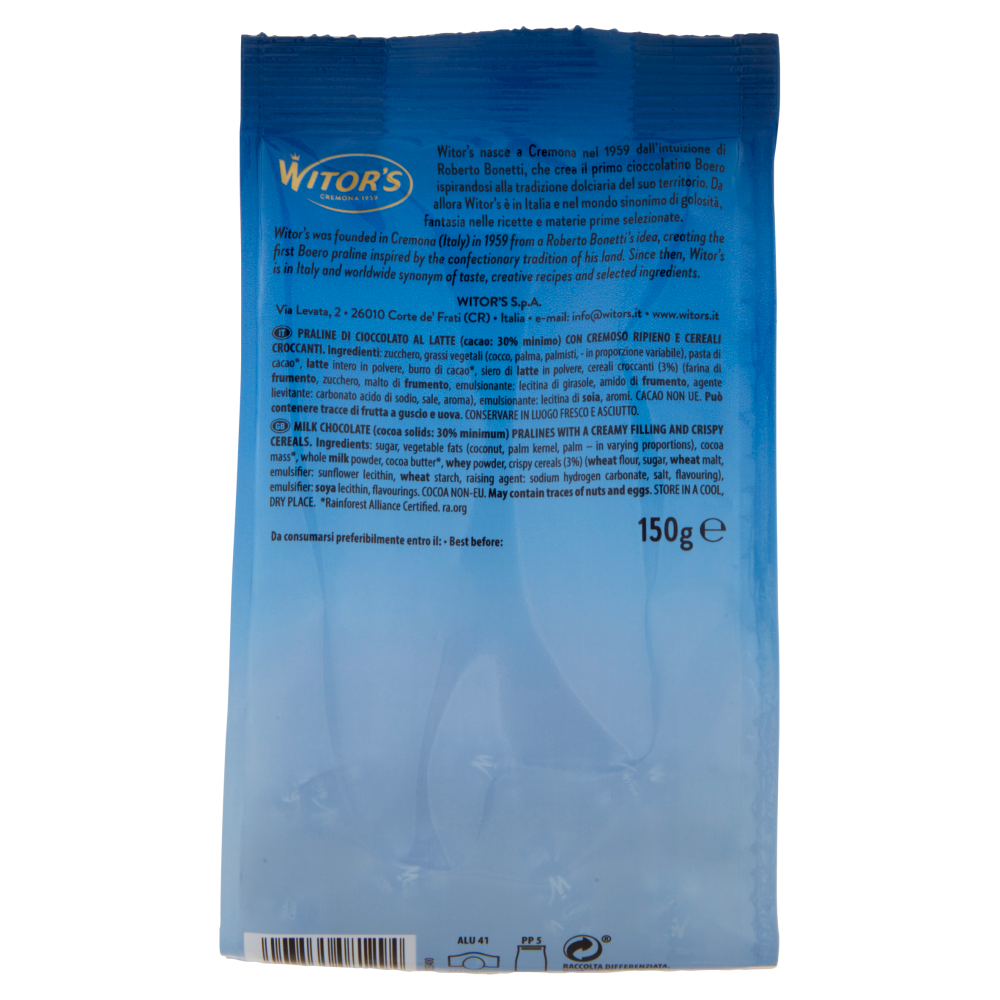 Witor's Bianco Cuore Ovetti di Cioccolato al Latte con Cremoso Ripieno e Cereali Croccanti 150 g