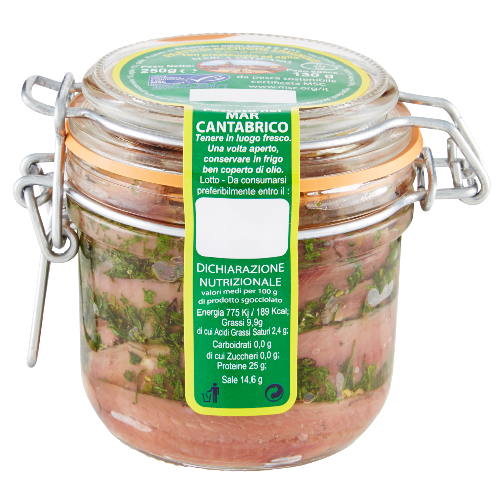 Marca Vaticano Filetti di Acciughe Spagnole in olio di oliva con prezzemolo e aglio 250 g