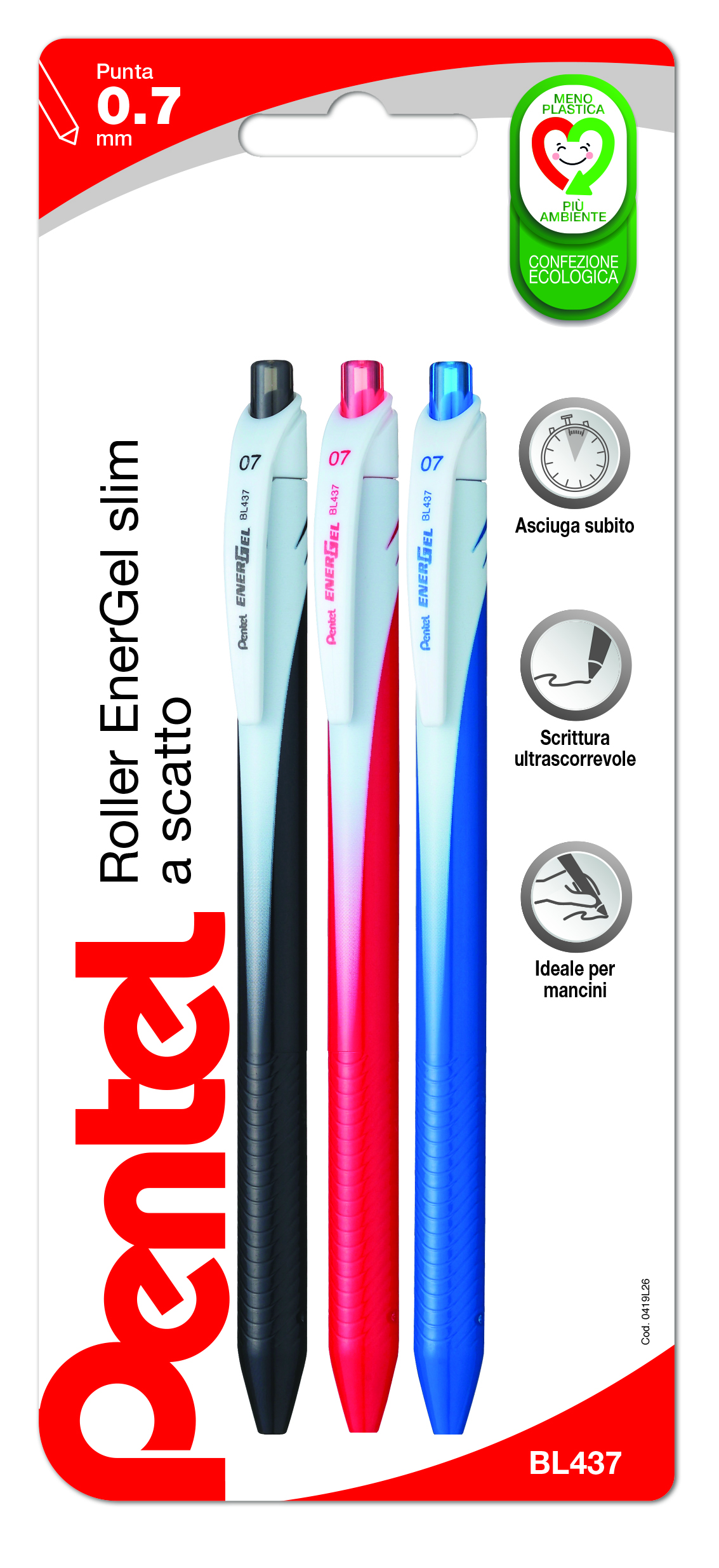 Pentel Roller EnerGel Slim a scatto 0.7 mm 3 pz (nero/rosso/blu)