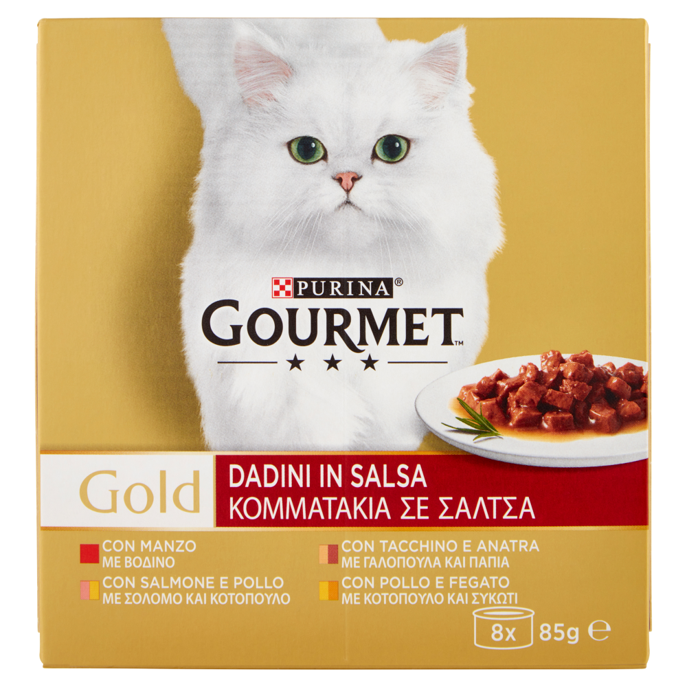 PURINA GOURMET Gold Dadini in Salsa Manzo/Salmone & Pollo/Tacchino & Anatra/Pollo & Fegato 8 x 85 g