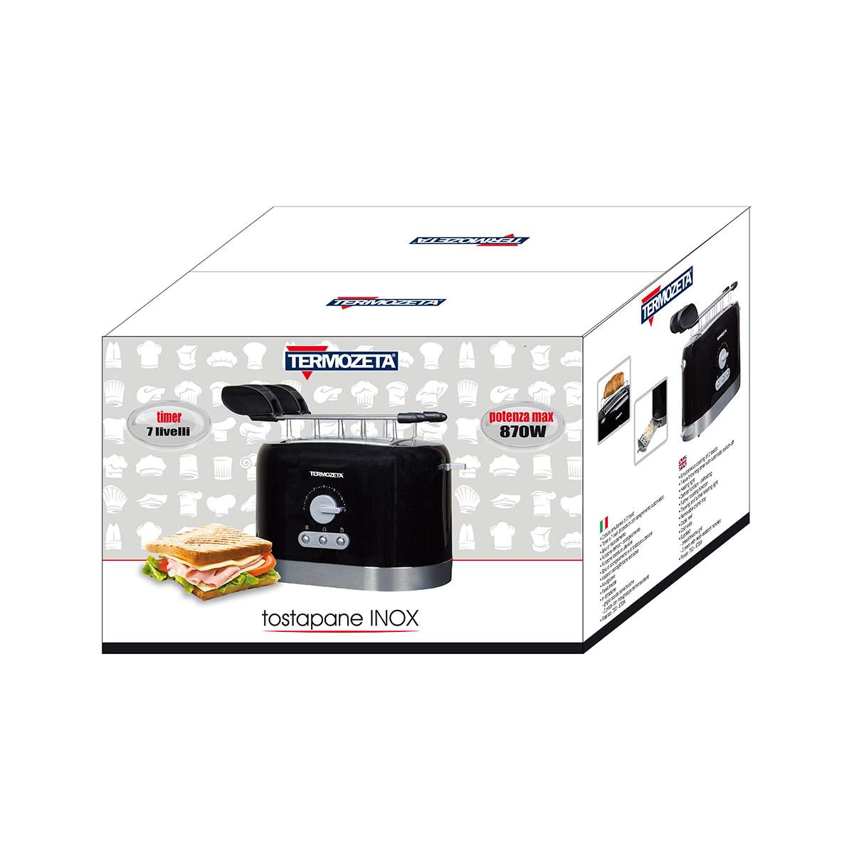 Termozeta 76034 7 2 fetta/e 870 W Nero, Acciaio inox