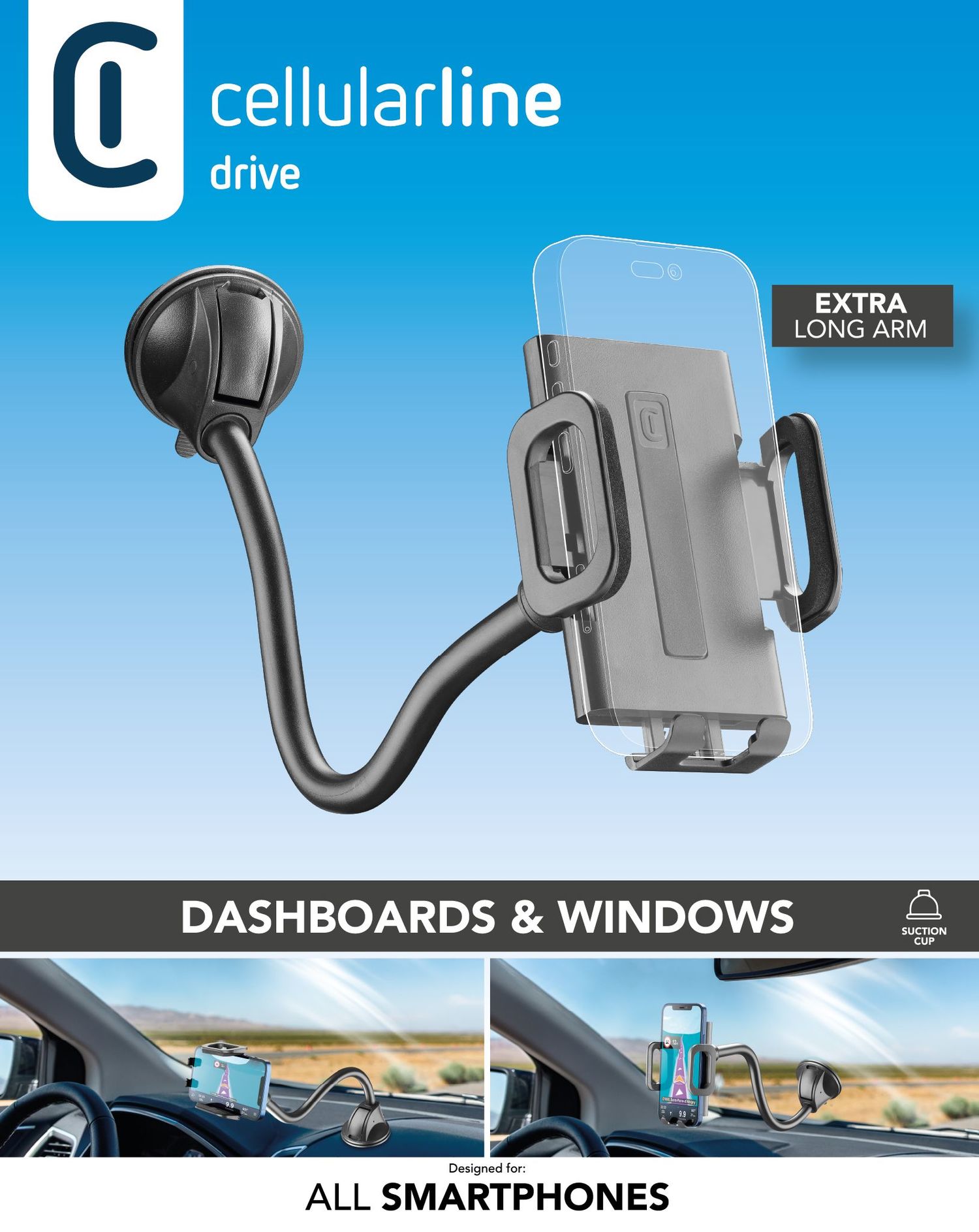 Cellularline Hug Flexi XL - Universal Supporto smartphone da auto con fissaggio a ventosa