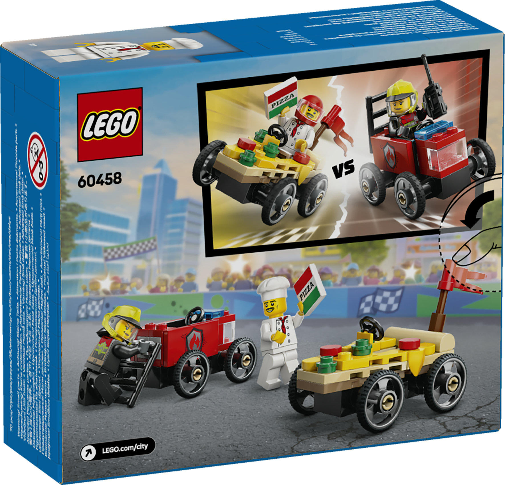 LEGO City 60458 Pack Veicoli da Corsa: Pizzaiolo Contro Pompiere, Macchine Giocattolo con 2 Minifigure, Giochi per Bambini 5+