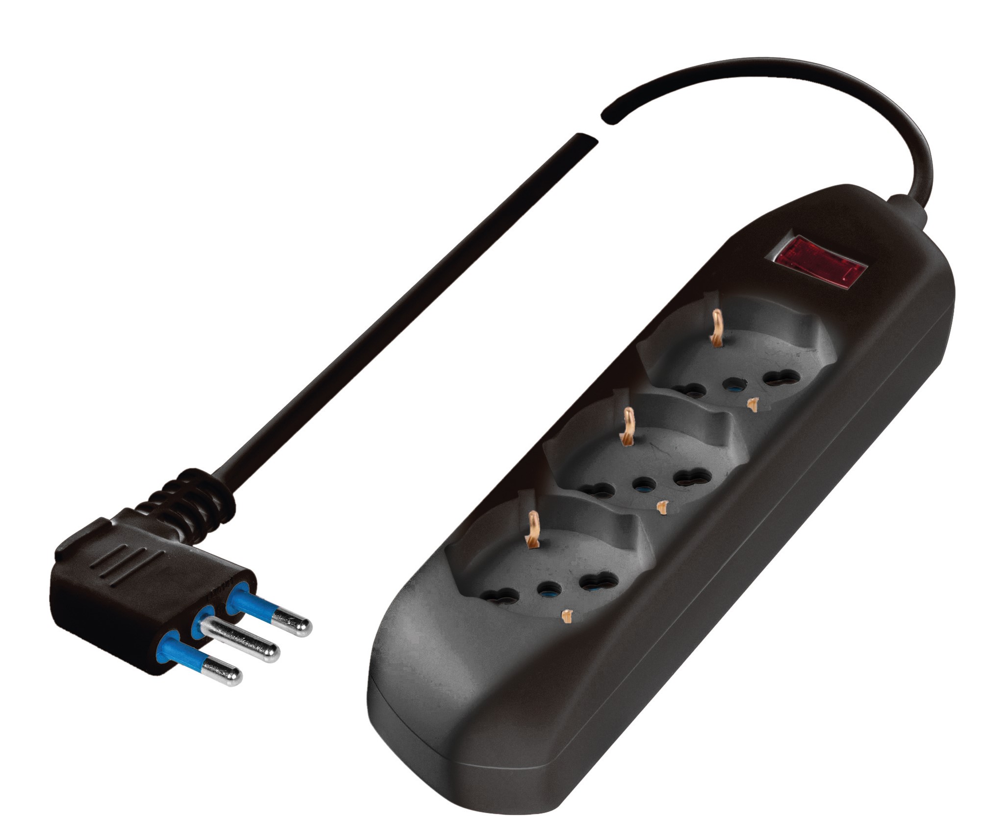 Poly Pool Presa tripla pluristandard: italiano bivalente 10/16A 2P+T, tedesco 16A 2P+T(terra laterale), con interruttore di sicurezza, 1,5m cavo H05VV-F 3X0,75mmq con spina Salvaspazio10A 2P+T, uscita cavo 90°, CE