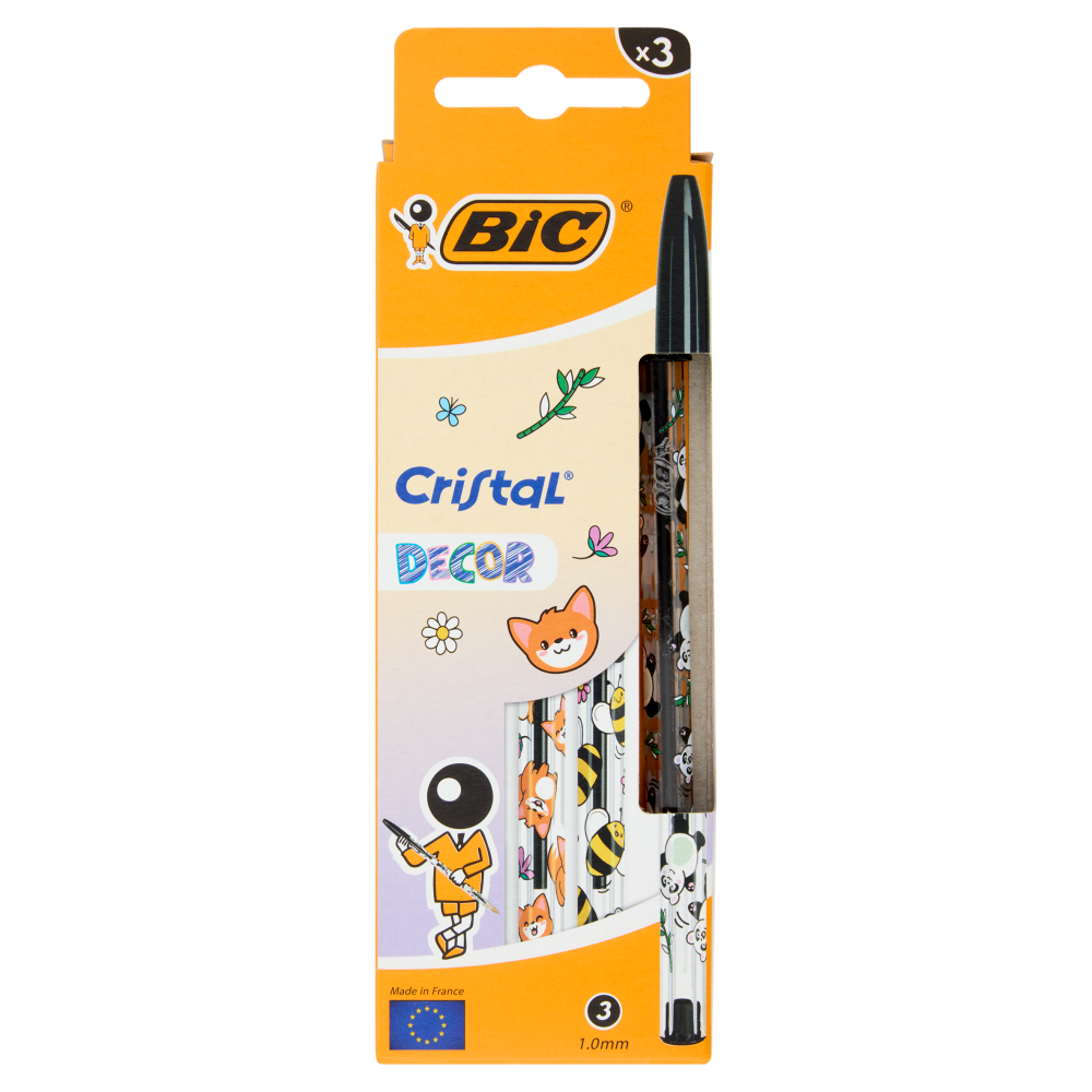 BIC Cristal Decors Kawaii Penne a sfera Nere, 3 pezzi