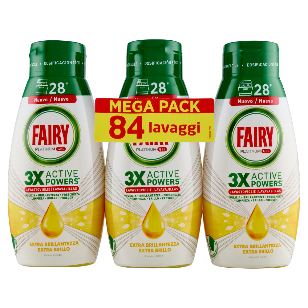 Fairy Gel Lavastoviglie Platinum Extra Brillantezza, Detersivo Piatti Limone 3x28=84 Lavaggi 3x504ml