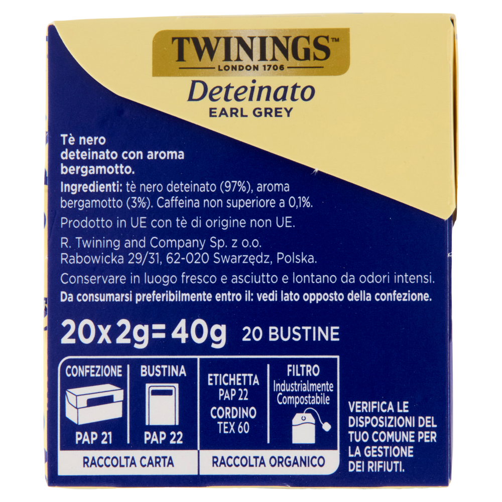 Twinings Deteinato Earl Grey Tè Nero Deteinato dal sapore di Bergamotto 20 filtri The 40 g