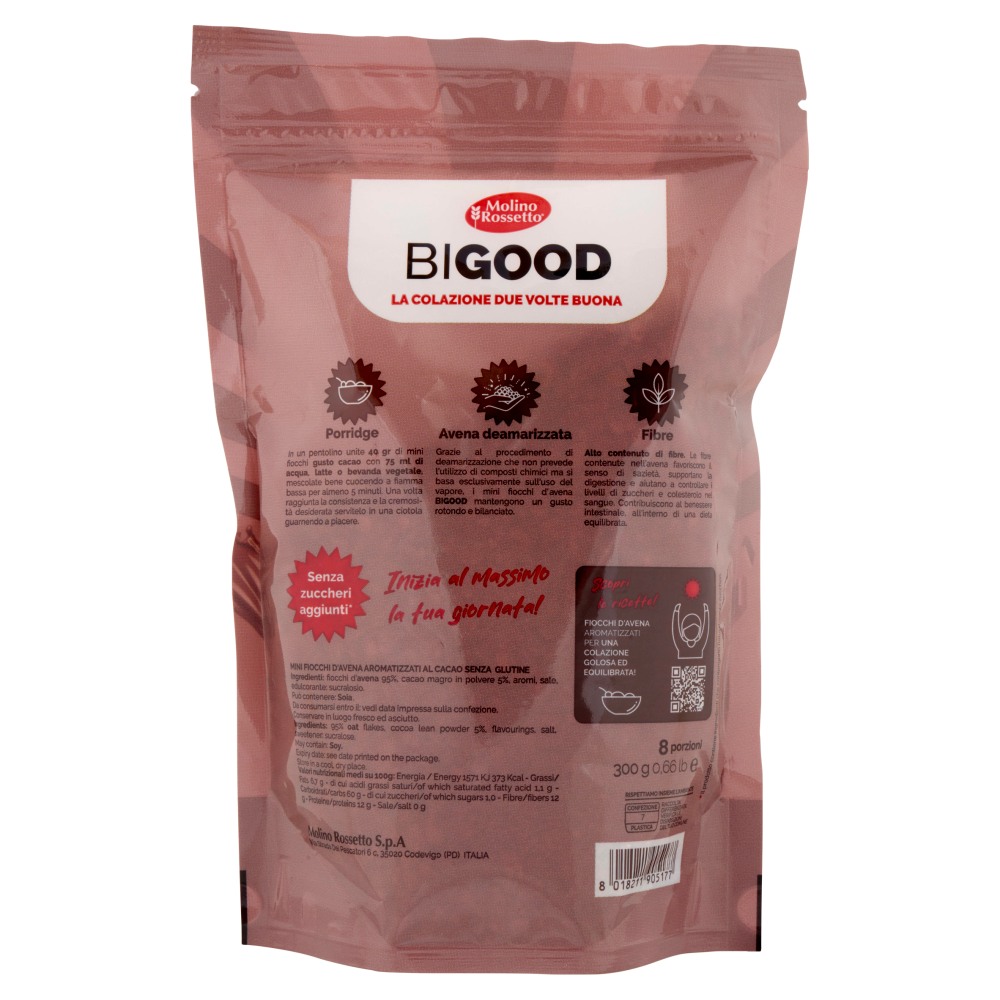Molino Rossetto BIGOOD Porridge con Fiocchi d'Avena Gusto Cacao 300 g
