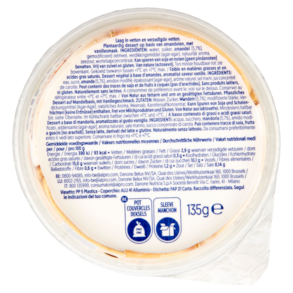 ALPRO Dessert Fresco 100% Vegetale, Gusto Mandorla Vaniglia, Senza Lattosio, Senza Conservanti, 135g