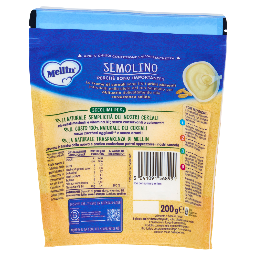 MELLIN Semolino, Confezione Apri&Chiudi, dall'inizio dello Svezzamento, 200g