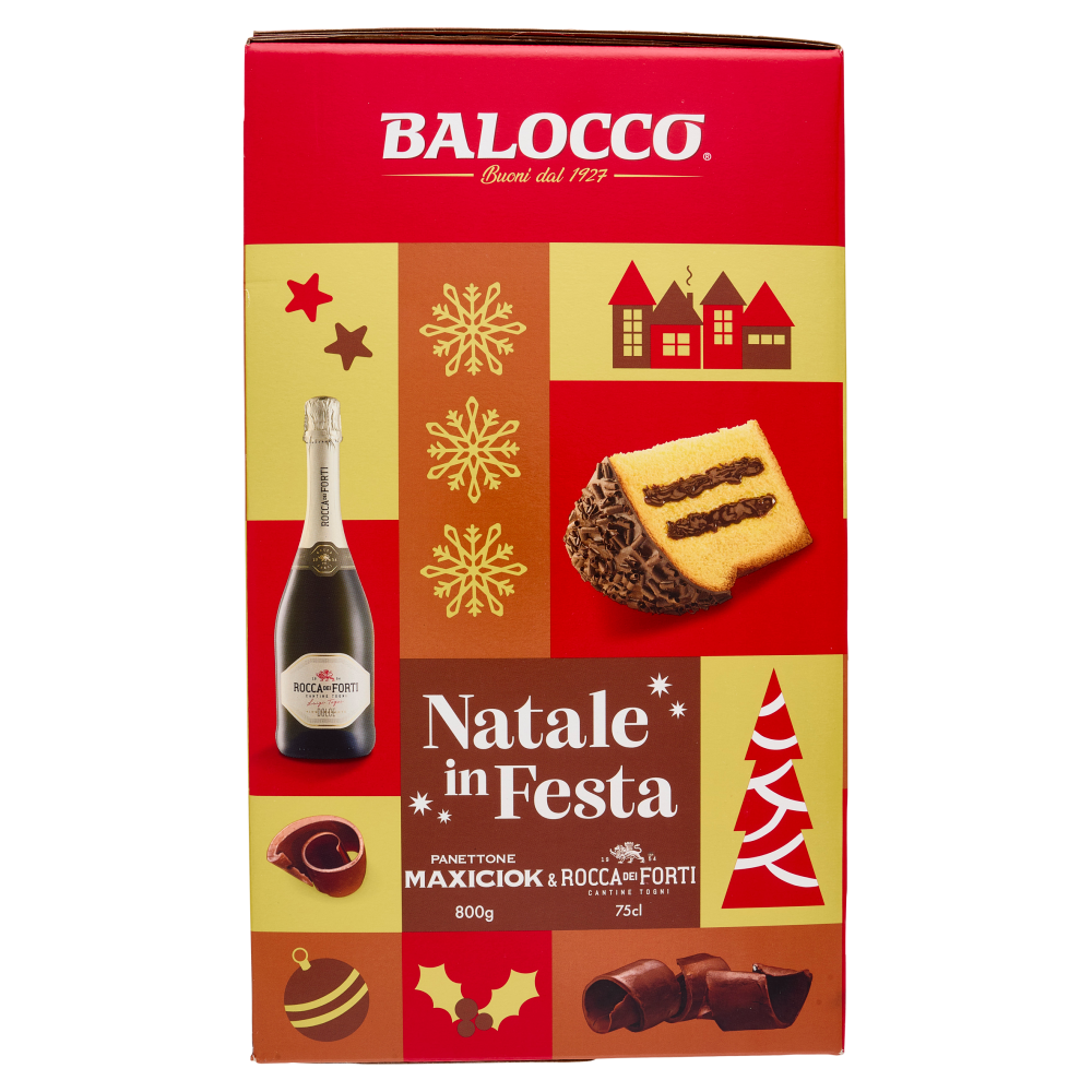 Balocco Natale in Festa Panettone Maxiciok 800 g & Rocca dei Forti Vino Spumante Dolce 75 cl