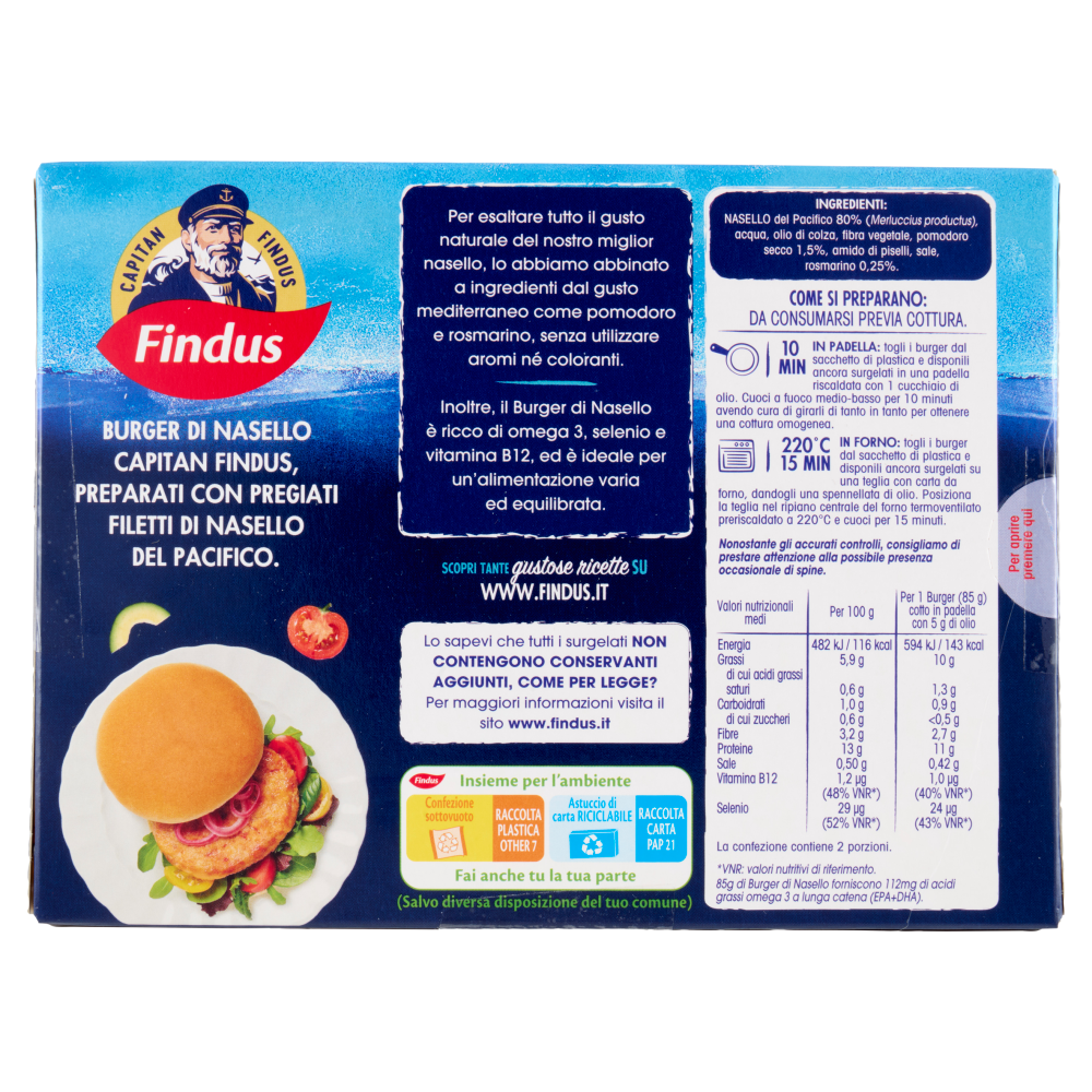 Capitan Findus 2 Burger di Nasello con pomodoro e rosmarino 170 g