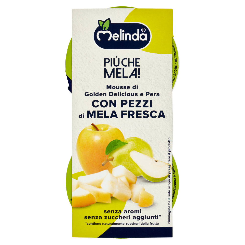 Melinda Pi&ugrave; che Mela! Mousse di Golden Delicious e Pera con Pezzi di Mela Fresca 2 x 100 g