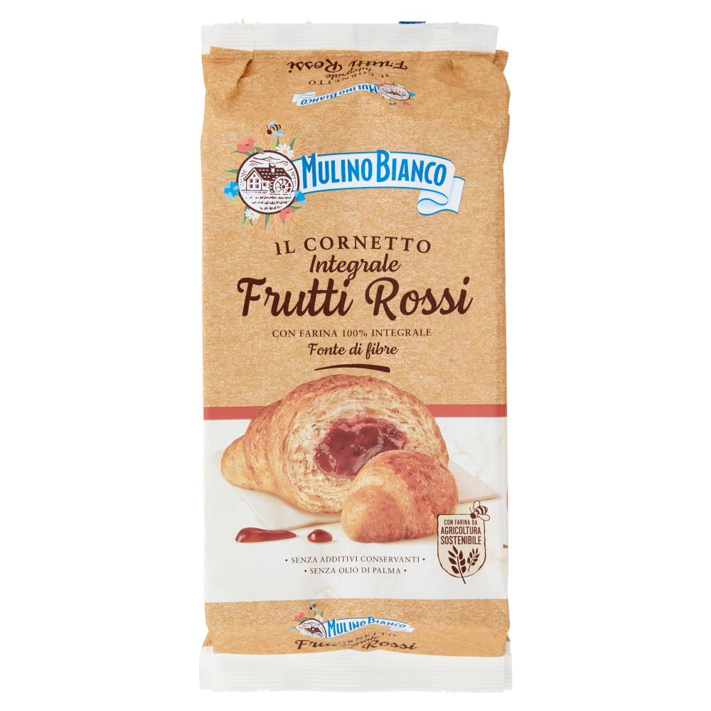 Mulino Bianco Cornetti Integrali Frutti Rossi Merenda con 100% Farina Integrale 6 pezzi 300g