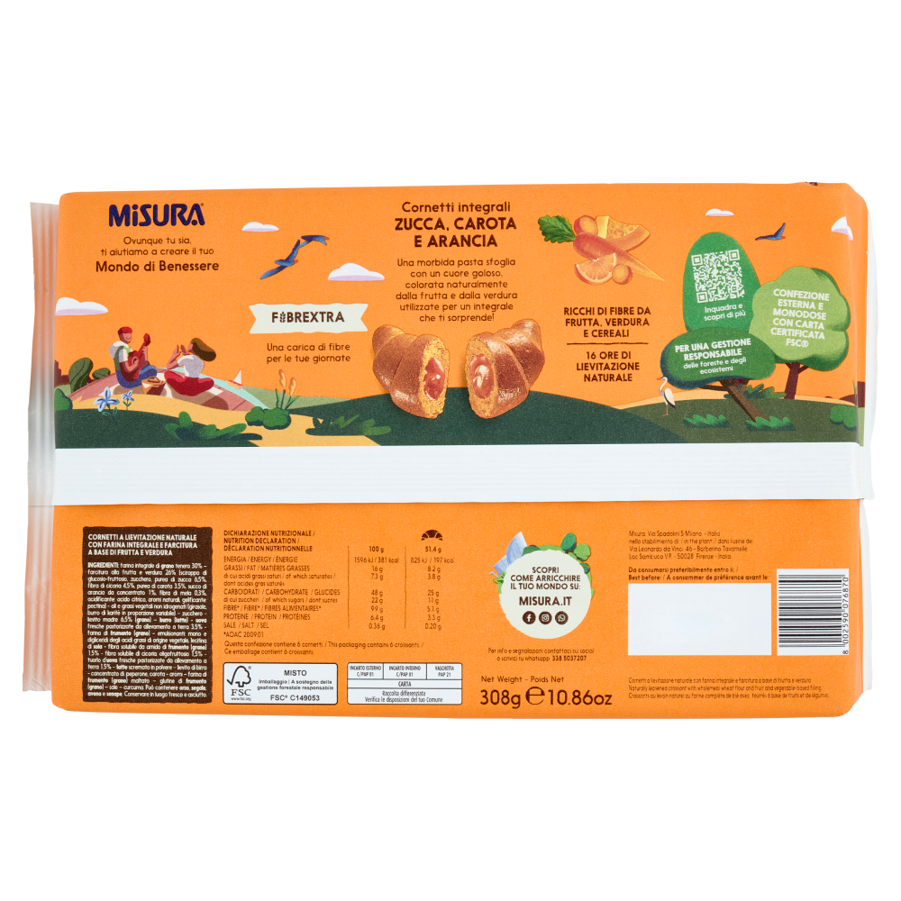 Misura Fibrextra 6 Cornetti integrali Zucca, Carota e Arancia 308 g