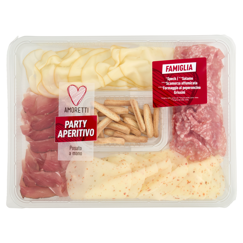 Amoretti Party Aperitivo Speck, Salame, Scamorza affumicata, Formaggio al peperoncino, Grissini 260g