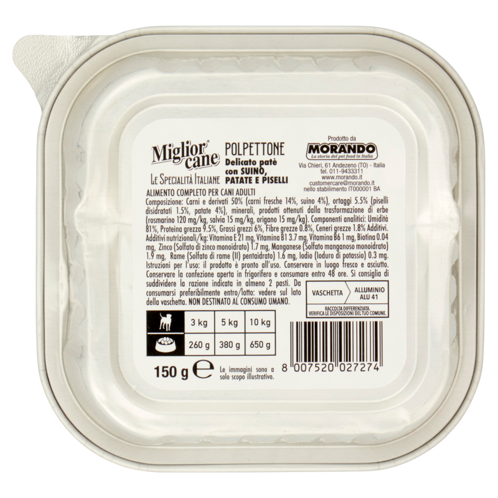 Migliorcane Le Specialit&agrave; Italiane Polpettone con Suino, Patate e Piselli 150 G