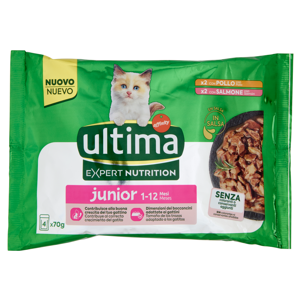 ultima Expert Nutrition Cat junior 1-12 Mesi con Pollo, con Salmone in Salsa 4 x 70 g