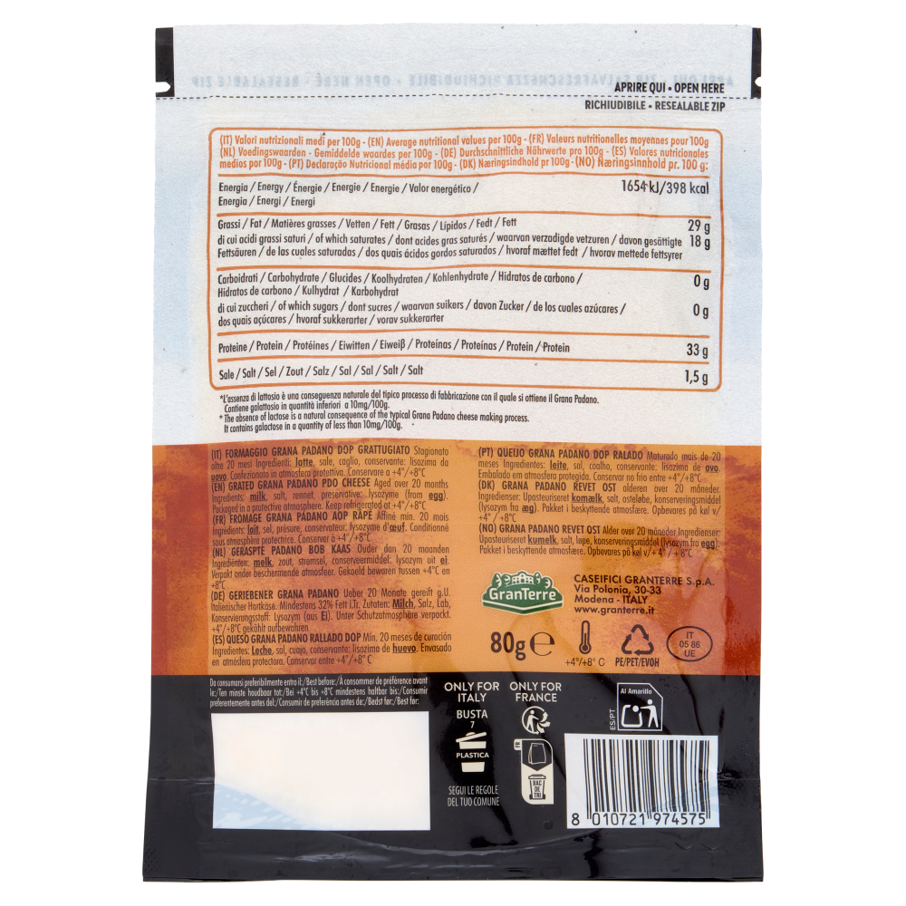 GranTerre Grana Padano DOP Grattugiato Riserva Oltre 20 Mesi 80 g