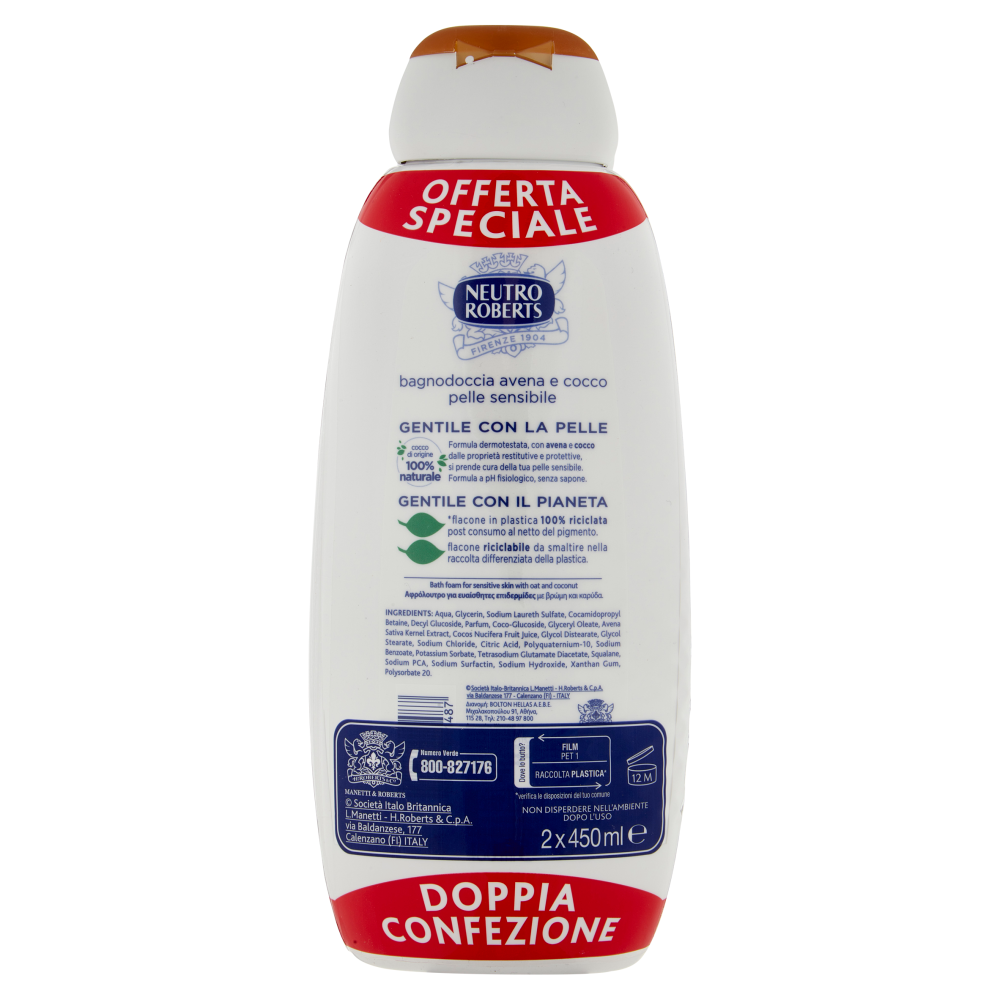 Neutro Roberts pelle sensibile con avena e cocco Bagnodoccia 2 x 450 ml