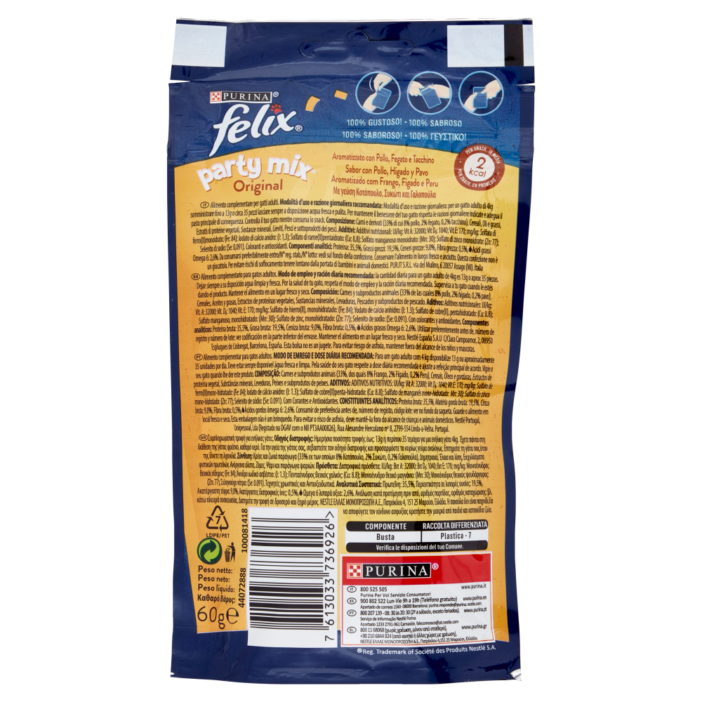 FELIX Party Mix Snacks Original Aromatizzato con Pollo, Fegato e Tacchino 60 g