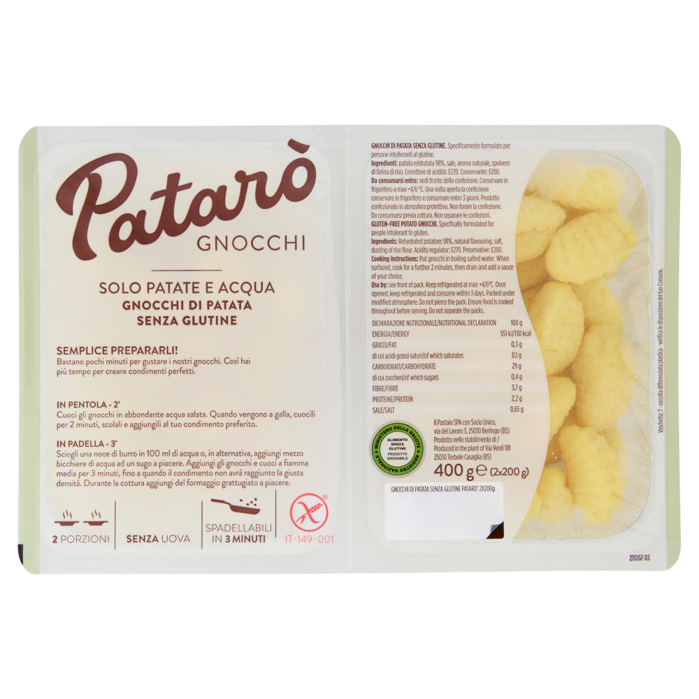 Patarò Gnocchi Solo Patate e Acqua Gnocchi di Patata Senza Glutine 2 x 200 g