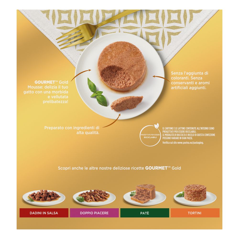 GOURMET Gold Cibo Umido per Gatti Adulti, Mousse con Manzo, Fegato, Pesce dell'Oceano e Tacchino, 8 lattine da 85g