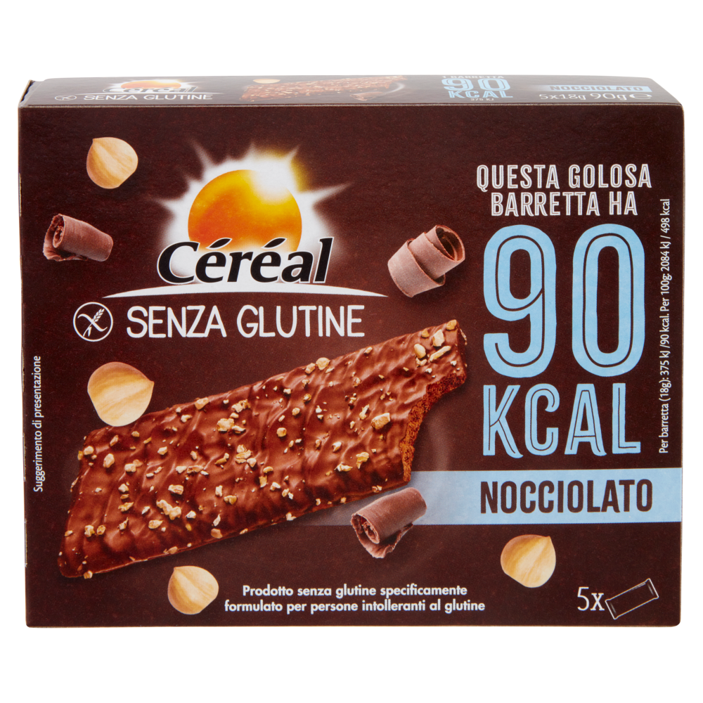 Céréal Barrette Snack Nocciolato Senza Glutine, con cioccolato e nocciole tostate - 5 x 18 g