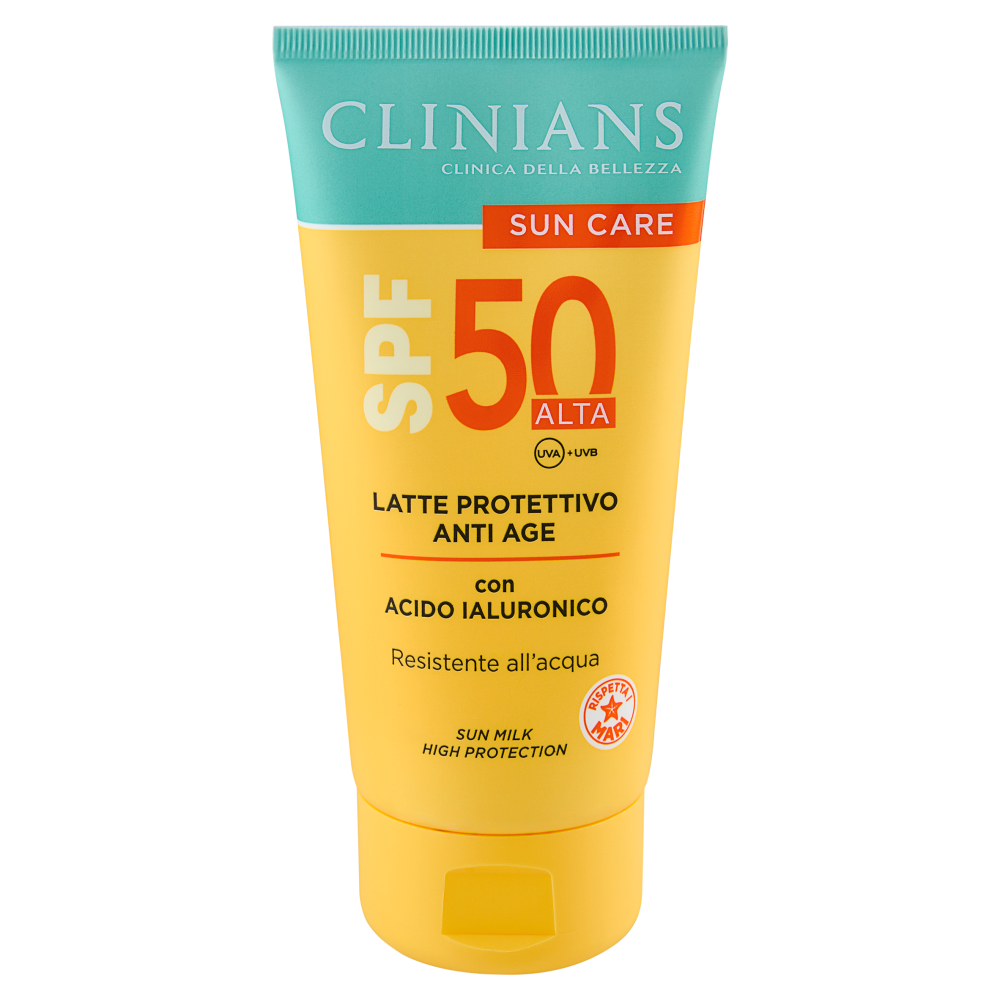 Clinians Sun Care Latte Protettivo Anti Age con Acido Ialuronico SPF 50 Alta 150 mL