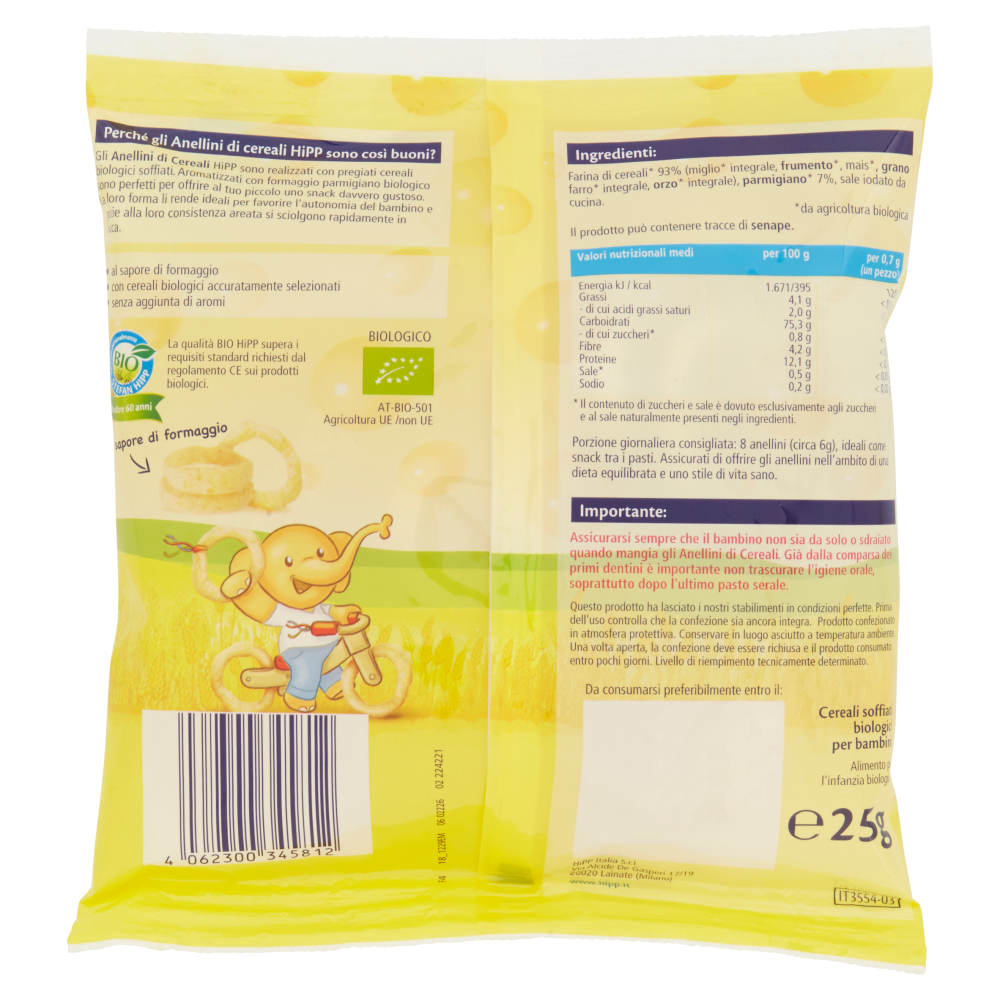 HiPP Biologico Anellini di Cereali al sapore di formaggio 25 g