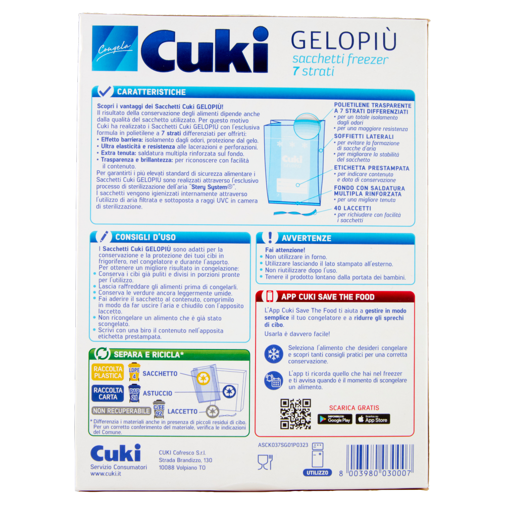 Cuki Congela Gelopi&ugrave; sacchetti freezer 7 strati Formato Piccolissimo 17 x 22 cm 40 pz