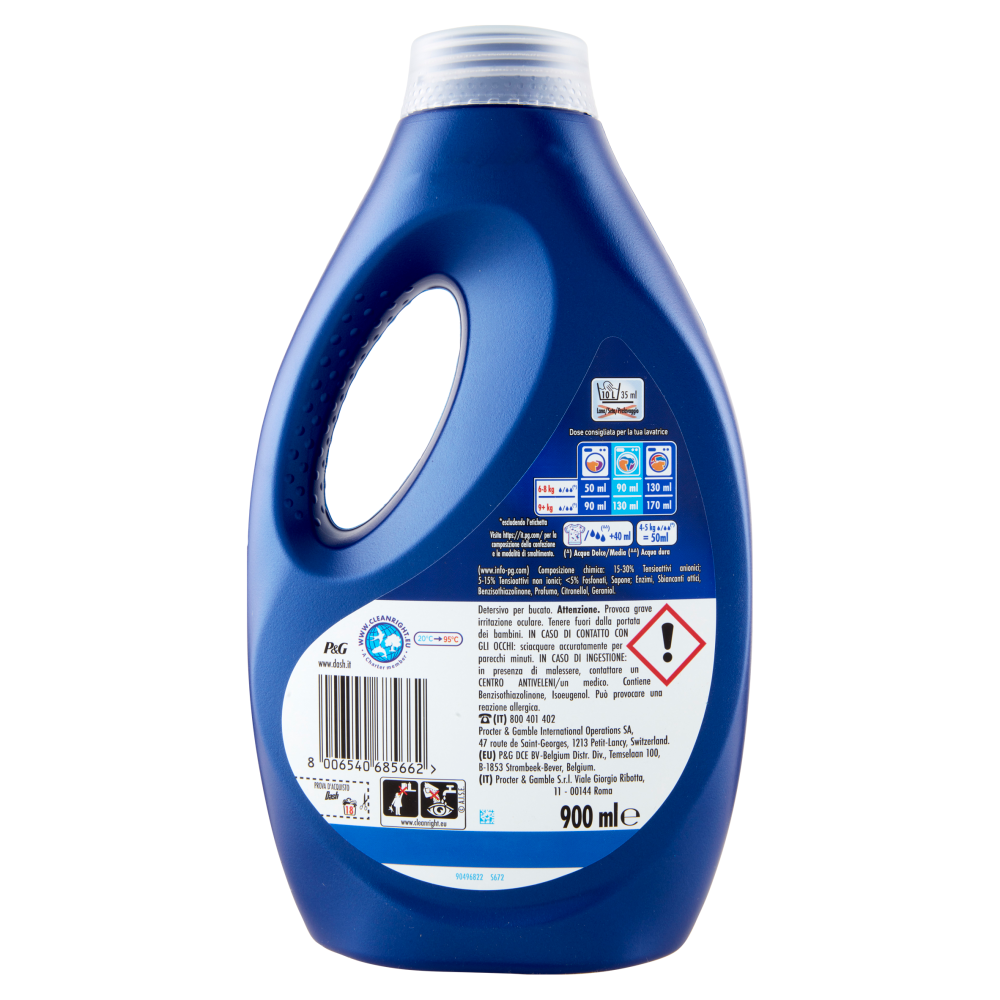 Dash Power Detersivo Liquido Lavatrice, Azione Extra-Smacchiante, 18 Lavaggi 900 ml
