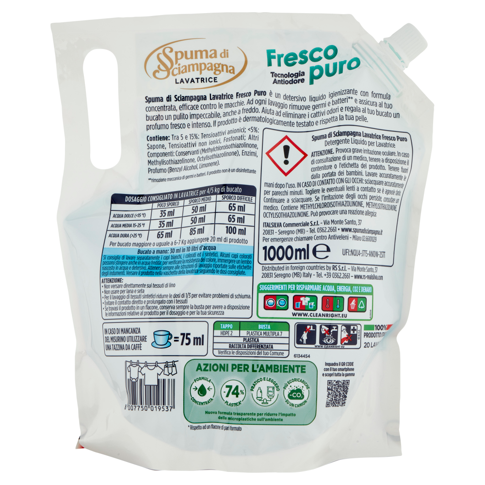Spuma di Sciampagna Lavatrice Fresco puro Ecoricarica 1000 ml