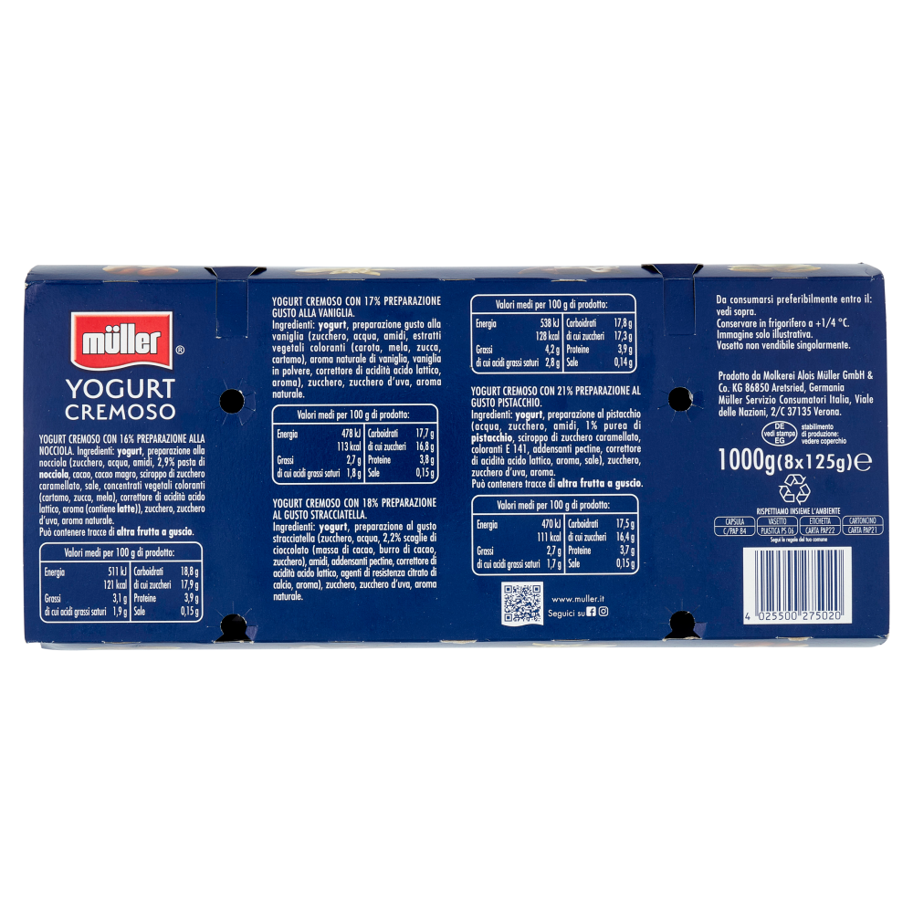 müller Yogurt Cremoso Nocciola, Vaniglia, Stracciatella, Pistacchio 8 x 125 g