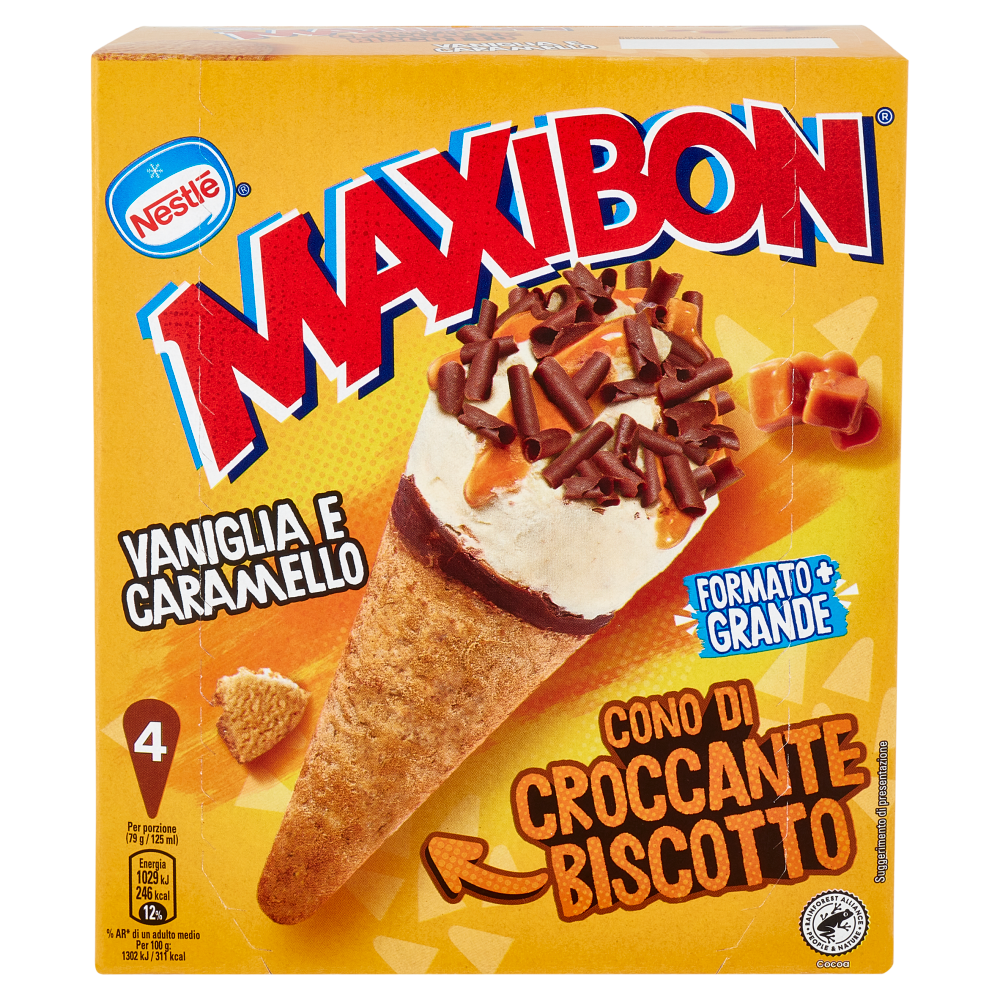 NESTLÉ Maxibon Cono di Croccante Biscotto Vaniglia e Caramello 4 x 79 g