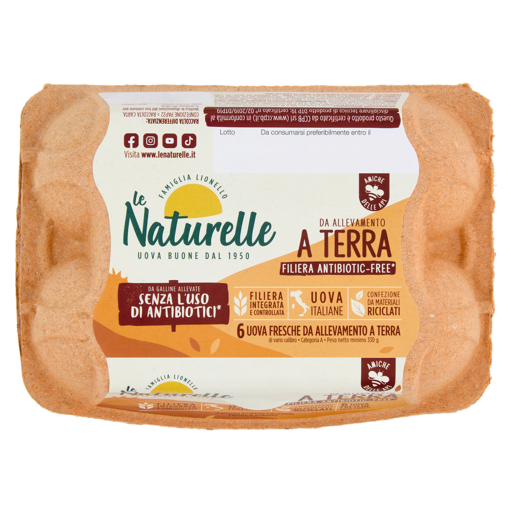le Naturelle 6 Uova Fresche da Allevamento a Terra da Galline Allevate Senza Uso Antibiotici* 330g