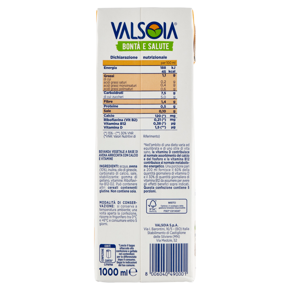 Valsoia Bontà e Salute Bevanda avena 1000 ml