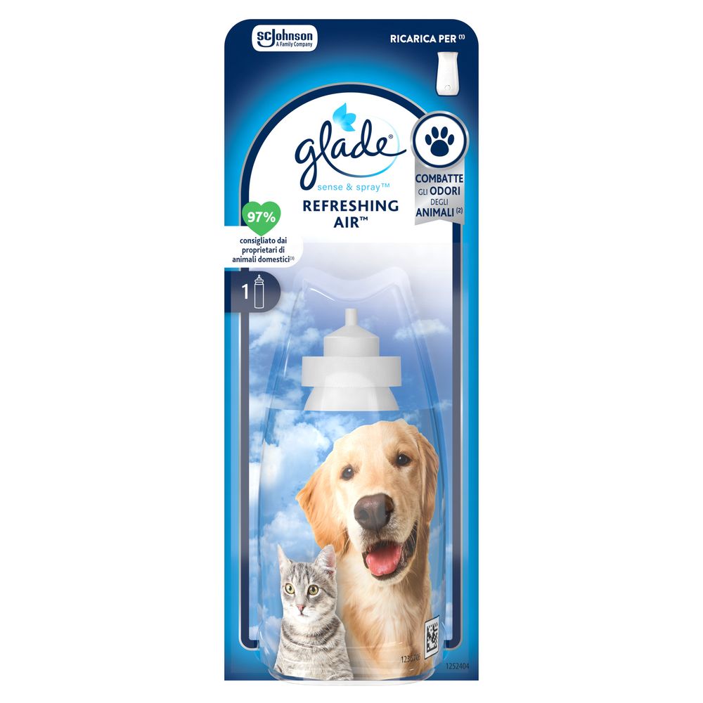 Glade Sense and Spray Ricarica Profumatore per Ambienti con Olii Essenziali e Sensore di Movimento, Fragranza Refreshing Air™, Elimina gli odori degli animali domestici, 18 ml