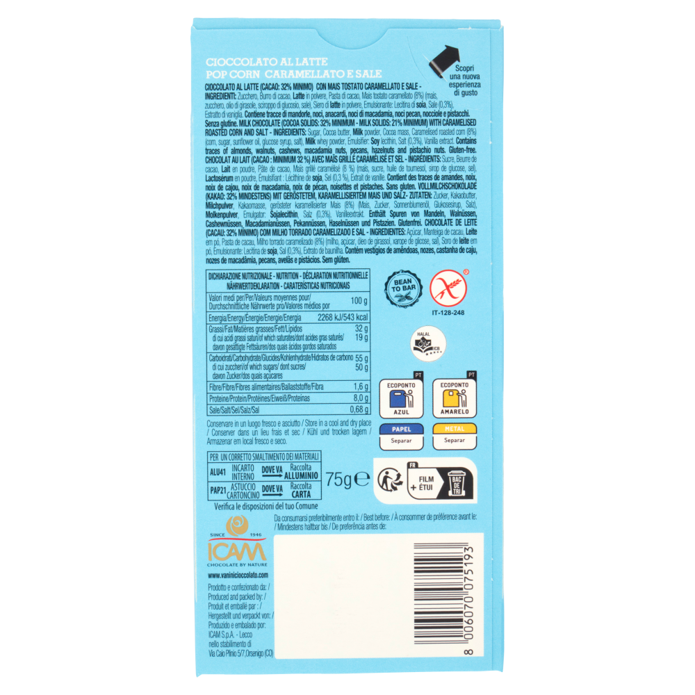 Vanini Tasting Experience Cioccolato al Latte Pop Corn Caramellato e Sale 75 g