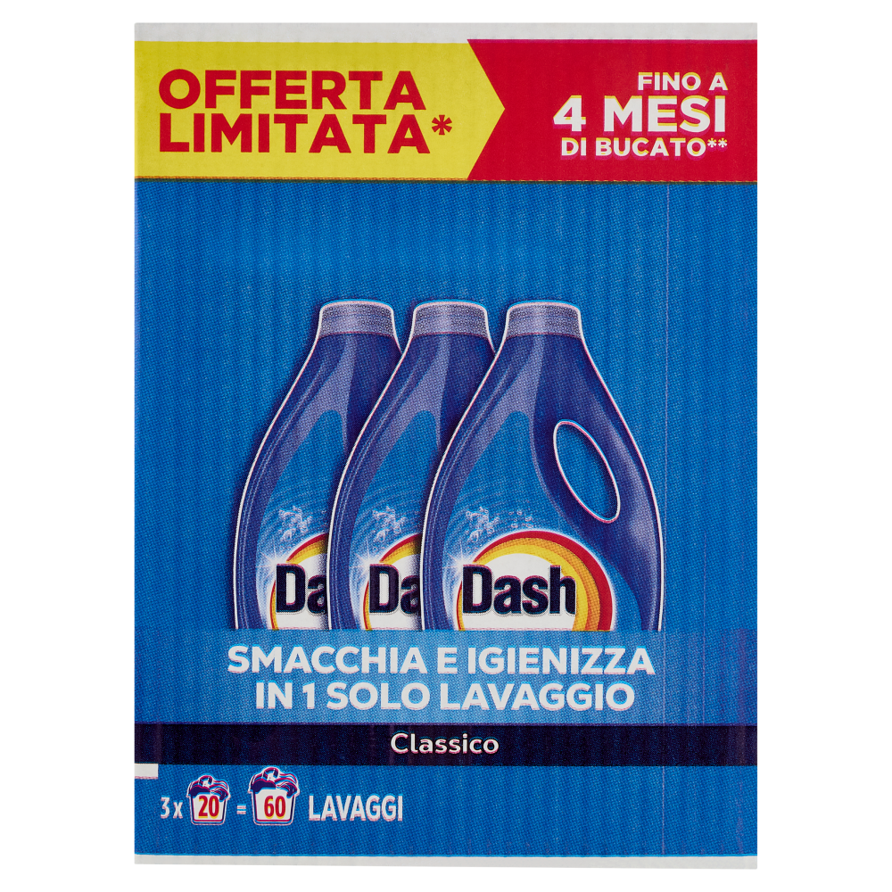 Dash Detersivo Liquido Lavatrice, Classico, 3x20=60 Lavaggi 3x900ml