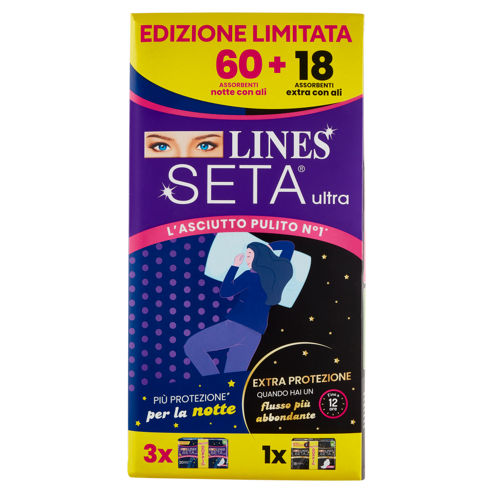 Lines Seta ultra Assorbenti notte con ali 60 pz + Assorbenti extra con ali 18 pz