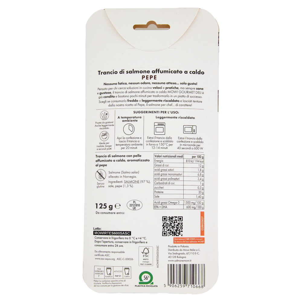 Mowi Gourmet Deli Trancio di Salmone Affumicato a Caldo Pepe 125 g