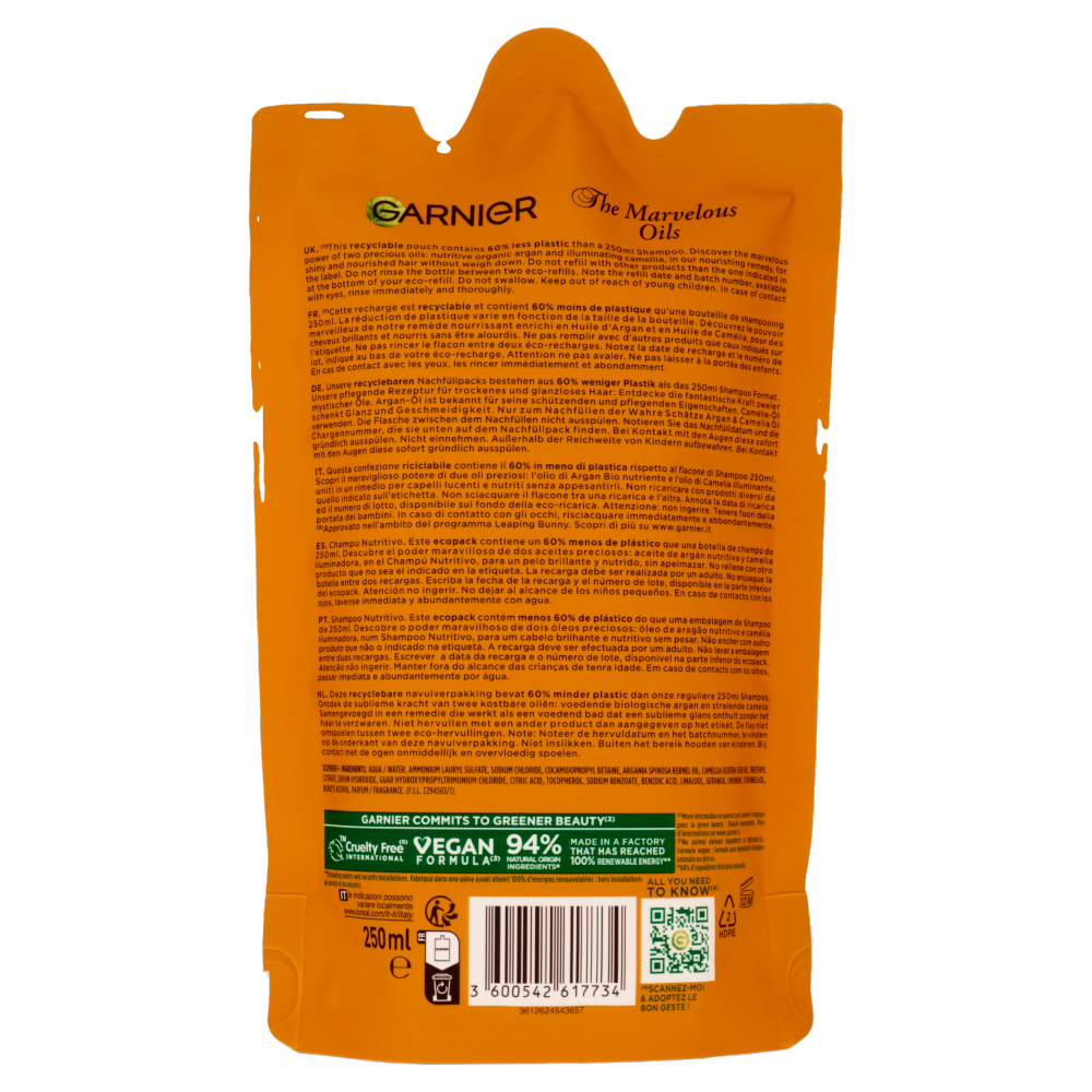 Garnier Ultra Oli Meravigliosi Argan & Camelia, Eco-ricarica Shampoo Nutriente Capelli Secchi, 250ml