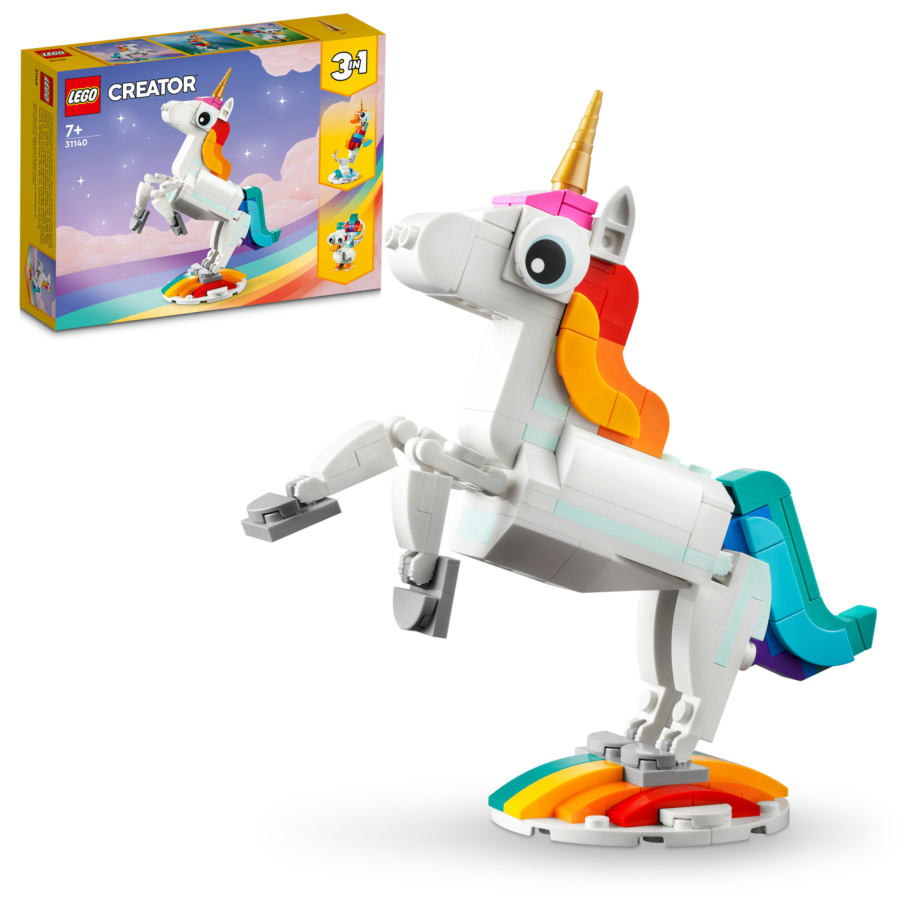 LEGO Creator 31140 Unicorno Magico con Arcobaleno, Set 3 in 1 con Animali Giocattolo Fantastici, Cavalluccio Marino e Pavone