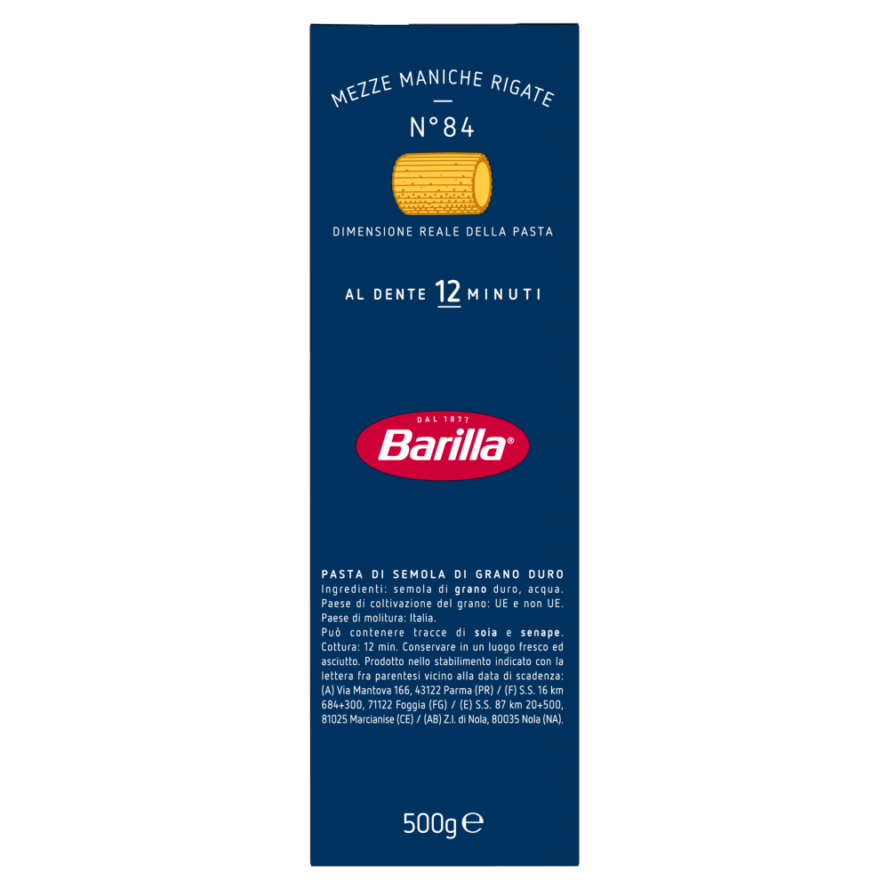 Barilla Pasta Mezze Maniche Rigate n.84 500g
