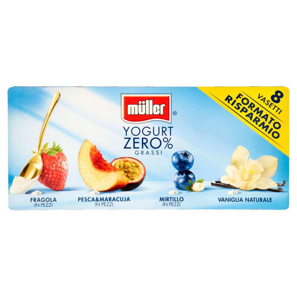 müller Yogurt Zero% Grassi Fragola, Pesca&Maracuja, Mirtillo in Pezzi - Vaniglia Naturale 8 x 125 g