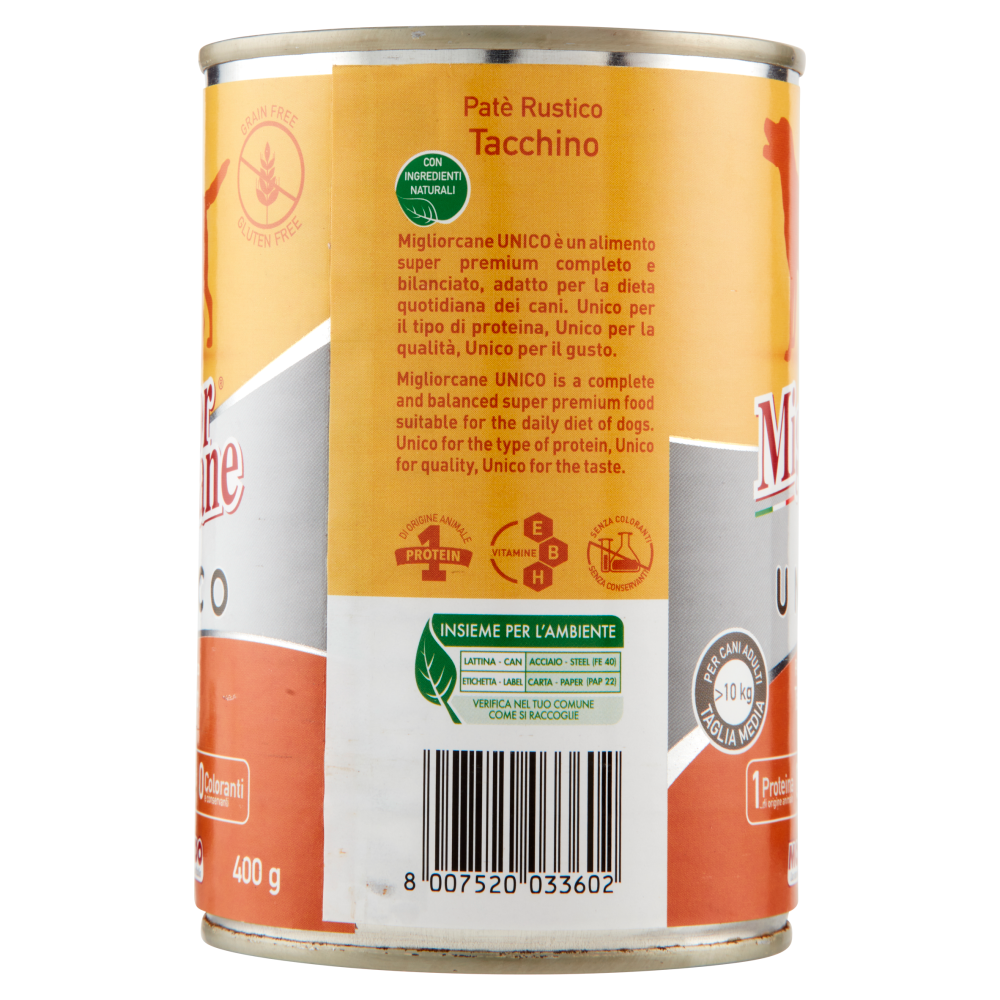 Migliorcane Unico Pat&egrave; Rustico Tacchino per Cani Adulti >10 kg Taglia Media 400 g