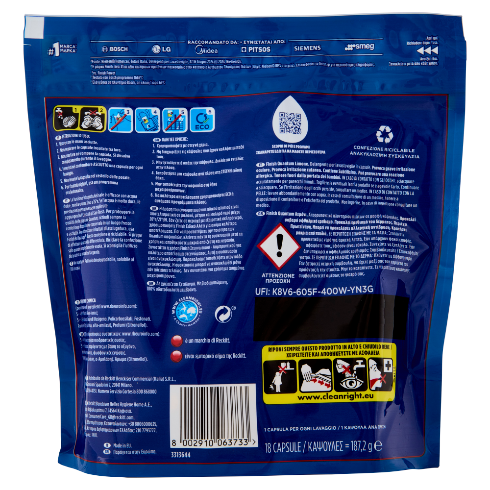 Finish Quantum Limone pastiglie lavastoviglie 18 lavaggi 187,2 g